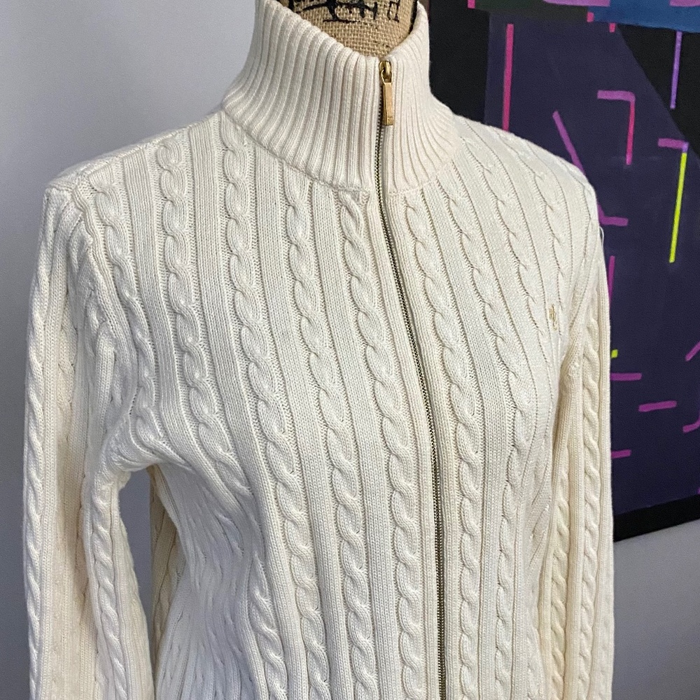 Lauren Ivory Cotton Cable Knit Cardigan Sweater with Zipper, Turtleneck. W. L.
